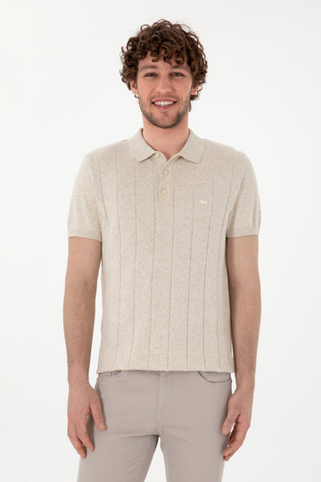 Men's Slim Fit Polo Neck Cream Knitwear T-Shirt
