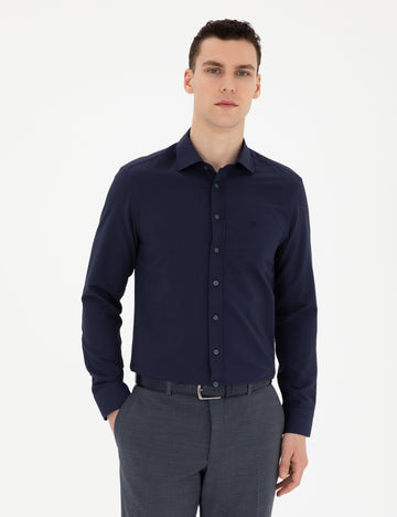 Navy Blue Slim Fit Chunky Long Sleeve Shirt