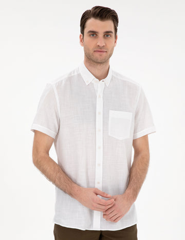 White Linen Look Regular Fit Short Sleeve Shirt