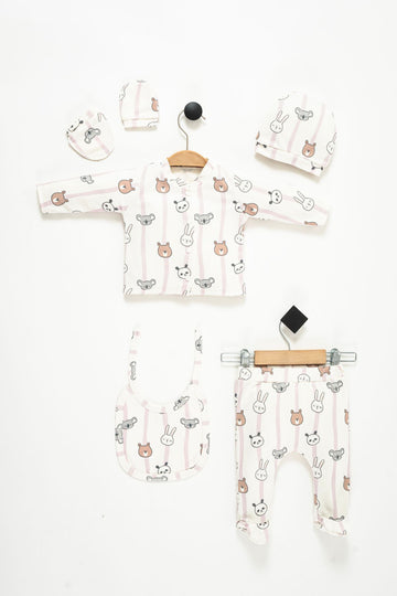 Hospital Outlet 100% Cotton Striped Rabbit Printed Newborn 5pcs Set Baby Suit