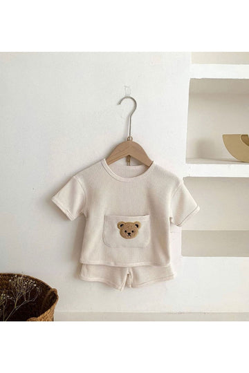 Cotton Summer Baby Kids Shorts Set with Bear Pocket Image - White