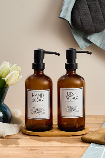 Lotion 2 Pcs White Kitchen Liquid Soap Dispenser Set 500ml+500ml With Bamboo Tray
