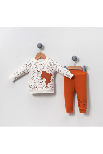 Happy Bear Image Unisex Combed 2-Piece Bottom Suit-Cinnamon