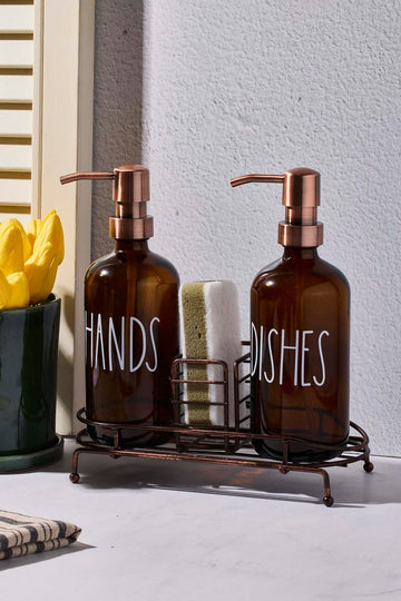 2 Pcs Amber Kitchen Liquid Soap Dispenser Glass With Lossy Metal Copper Stand