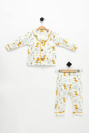 Boys' Dino Printed Long Sleeve Baby Collar 100% Cotton Pajama Set 1-4 Years
