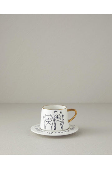 Cute Cat New Bone China 2 Pieces 1 Person Tea Cup Set 320 ml Black-Gold