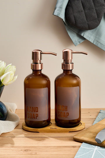 Lozione 2 Piece Amber Kitchen Liquid Soap Dispenser Set 500ml 500ml With Bamboo Tray