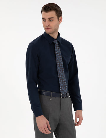 Navy Blue Slim Fit Long Sleeve Basic Shirt