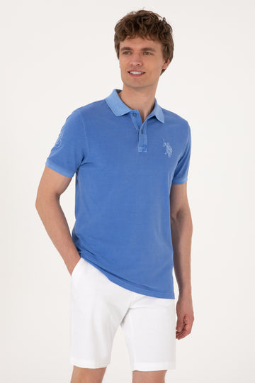 Men's Slim Fit Polo Neck Indigo Wash Basic T-Shirt
