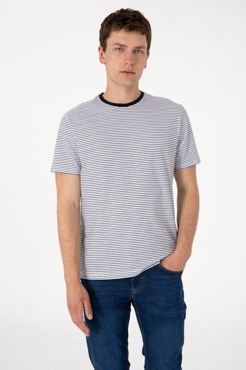 Men's Regular Fit Crew Neck Navy Striped T-Shirt