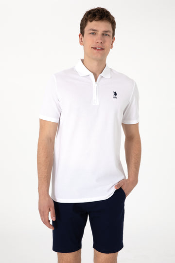 Men's Regular Fit Zipper White Textured T-Shirt