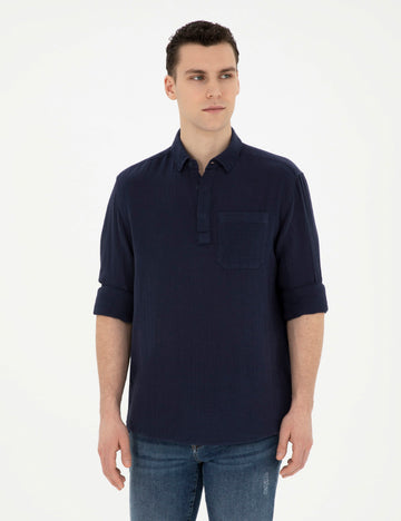 Navy Blue Comfort Fit Long Sleeve Shirt