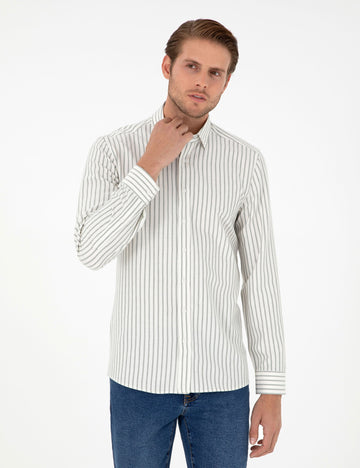 Khaki Striped Slim Fit Long Sleeve Shirt