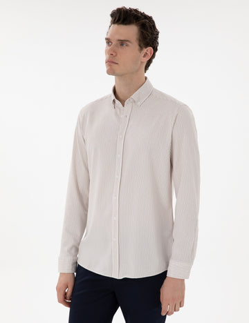 Beige Slim Fit Striped Long Sleeve Shirt