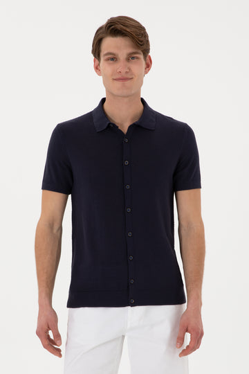 Men's Regular Fit Navy Blue Buttoned Knitwear T-Shirt
