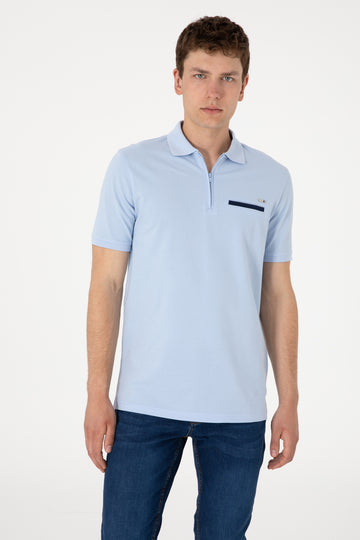 Men's Regular Fit Zipper Light Blue T-Shirt