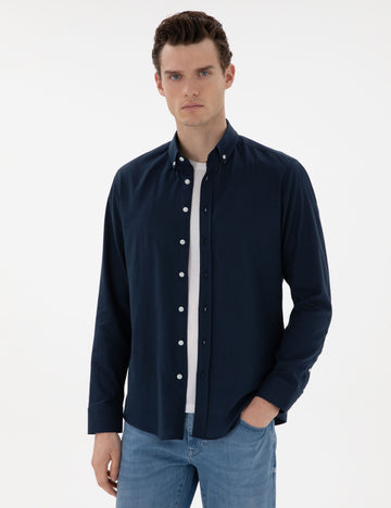 Navy Blue Slim Fit Linen Look Shirt