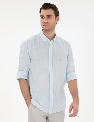 Light Blue Linen Look Slim Fit Long Sleeve Shirt