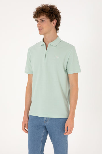 Men's Regular Fit Zipper Water Green T-Shirt