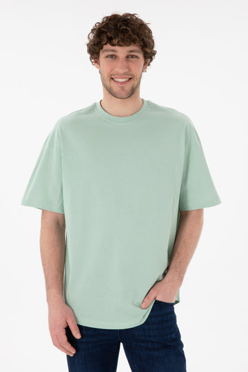 Men's Long Fit Crew Neck Water Green Basic T-Shirt