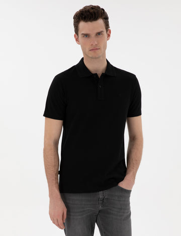 Black Slim Fit No-Fold Polo Neck Basic T-Shirt