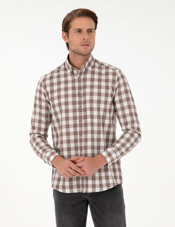Brown Checkered Regular Fit Long Sleeve Shirt