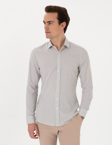 Khaki Striped Ex. Slim Fit Long Sleeve Shirt