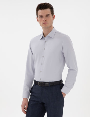 Grey Italian Collar Ruffle Long Sleeve Shirt