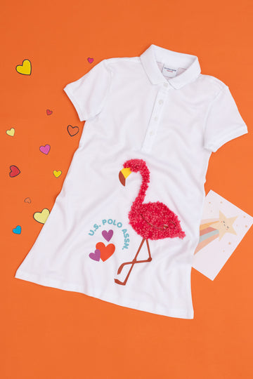Girls' White Polo Neck Short Sleeve Knitted Dress