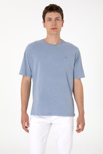 Men's Comfort Fit Crew Neck Blue Wash T-Shirt
