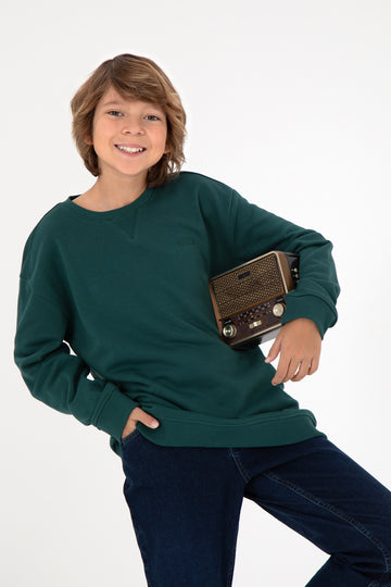 Boy's Dark Green Basic Crew Neck Sweatshirt