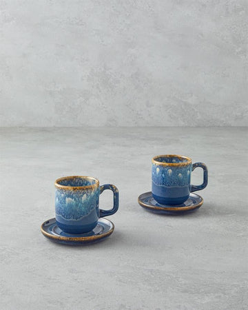 Alicent Ceramic 4 Pieces 2 Seater Double Coffee Cup Set 150 ml Blue