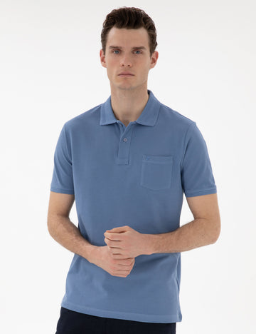 Blue Regular Fit Crewless Polo Neck Basic T-Shirt