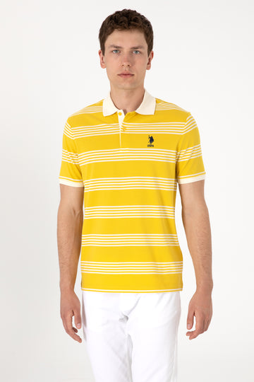 Men's Regular Fit Polo Neck Yellow Striped T-Shirt