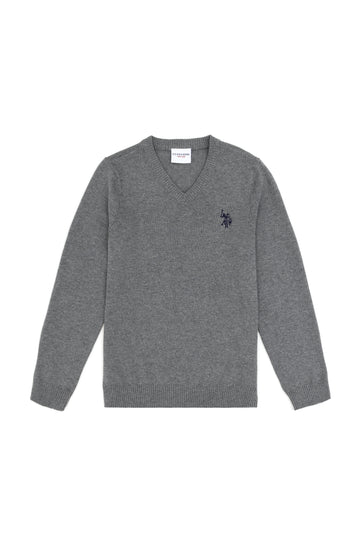Boys' Grey Melange Basic V Neck Sweater