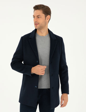 Navy Blue Extra Slim Fit Wool Blend Cashmere Coat