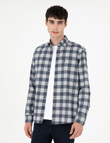 Navy Blue Plaid Regular Fit Long Sleeve Shirt