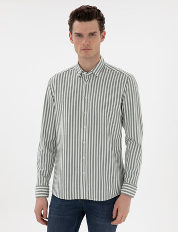Khaki Regular Fit Striped Long Sleeve Shirt
