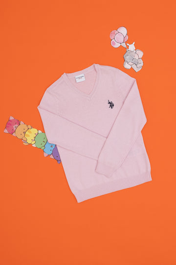 Girls' Pink V Neck Basic Sweater