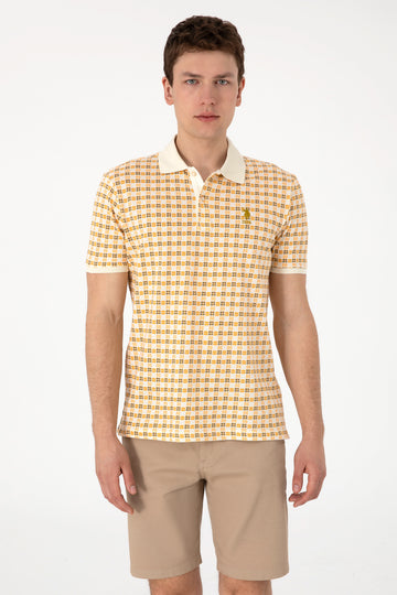 Men's Regular Fit Polo Neck Cream Print T-shirt