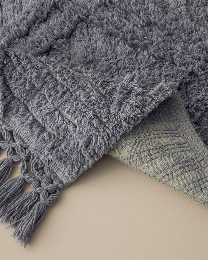 Tassel Check Cotton Tassel Bath Mat Grey