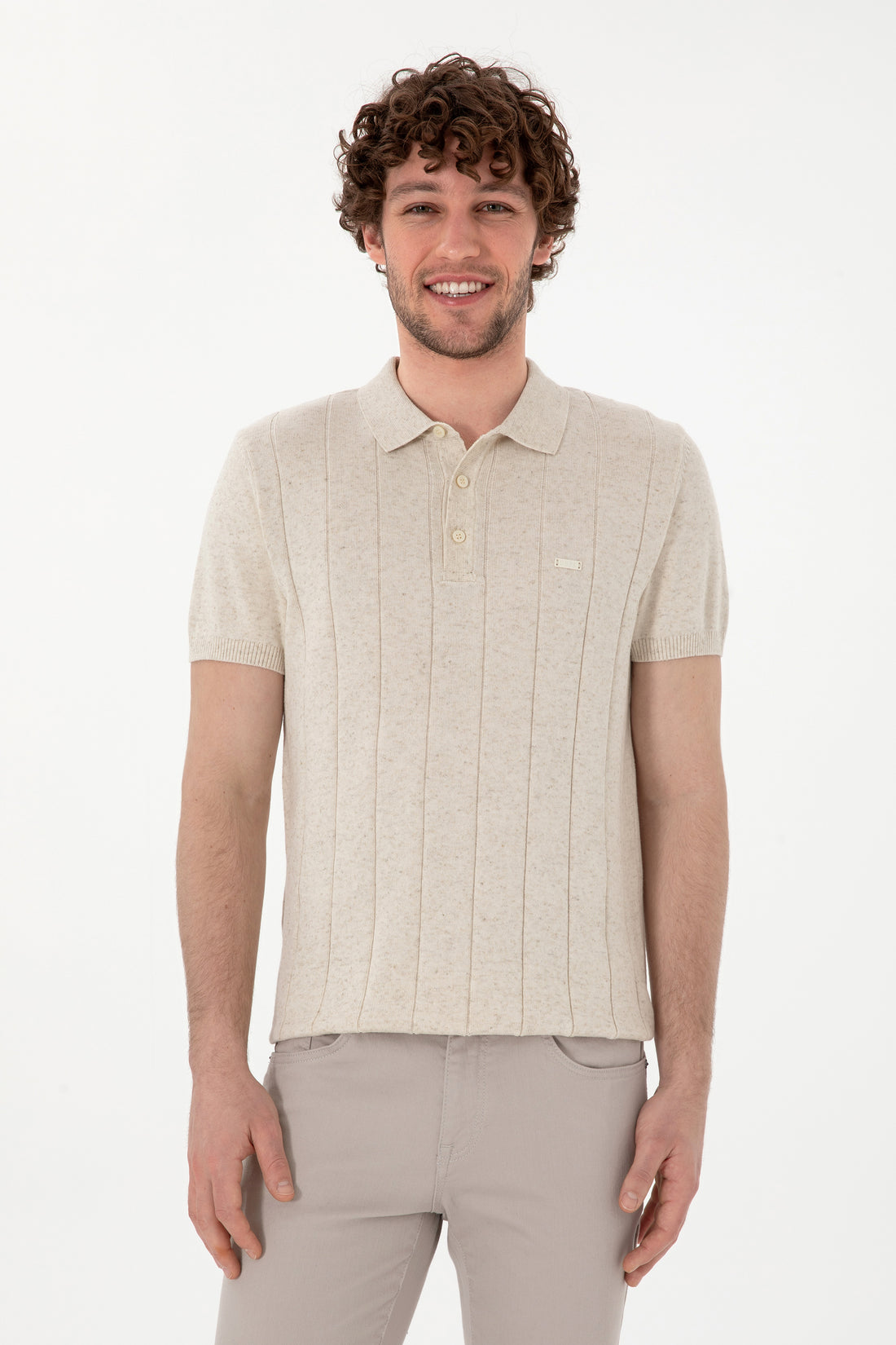 Men's Slim Fit Polo Neck Cream Knitwear T-Shirt