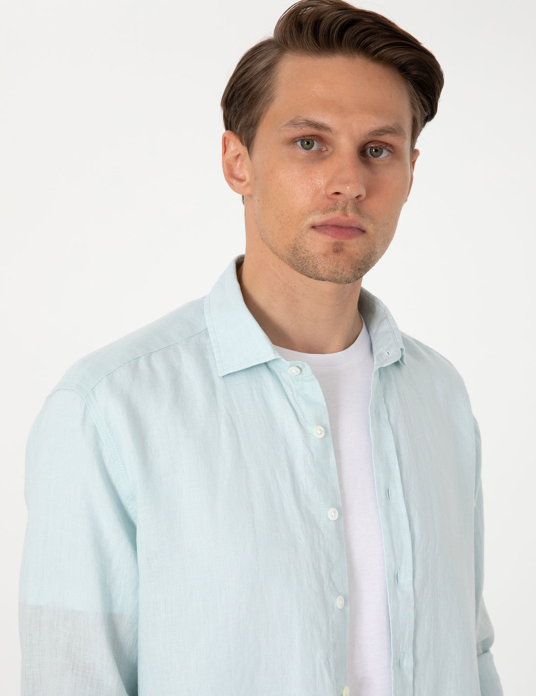 Su Ye��ili %100 Keten Regular Fit Uzunkollu G��mlek