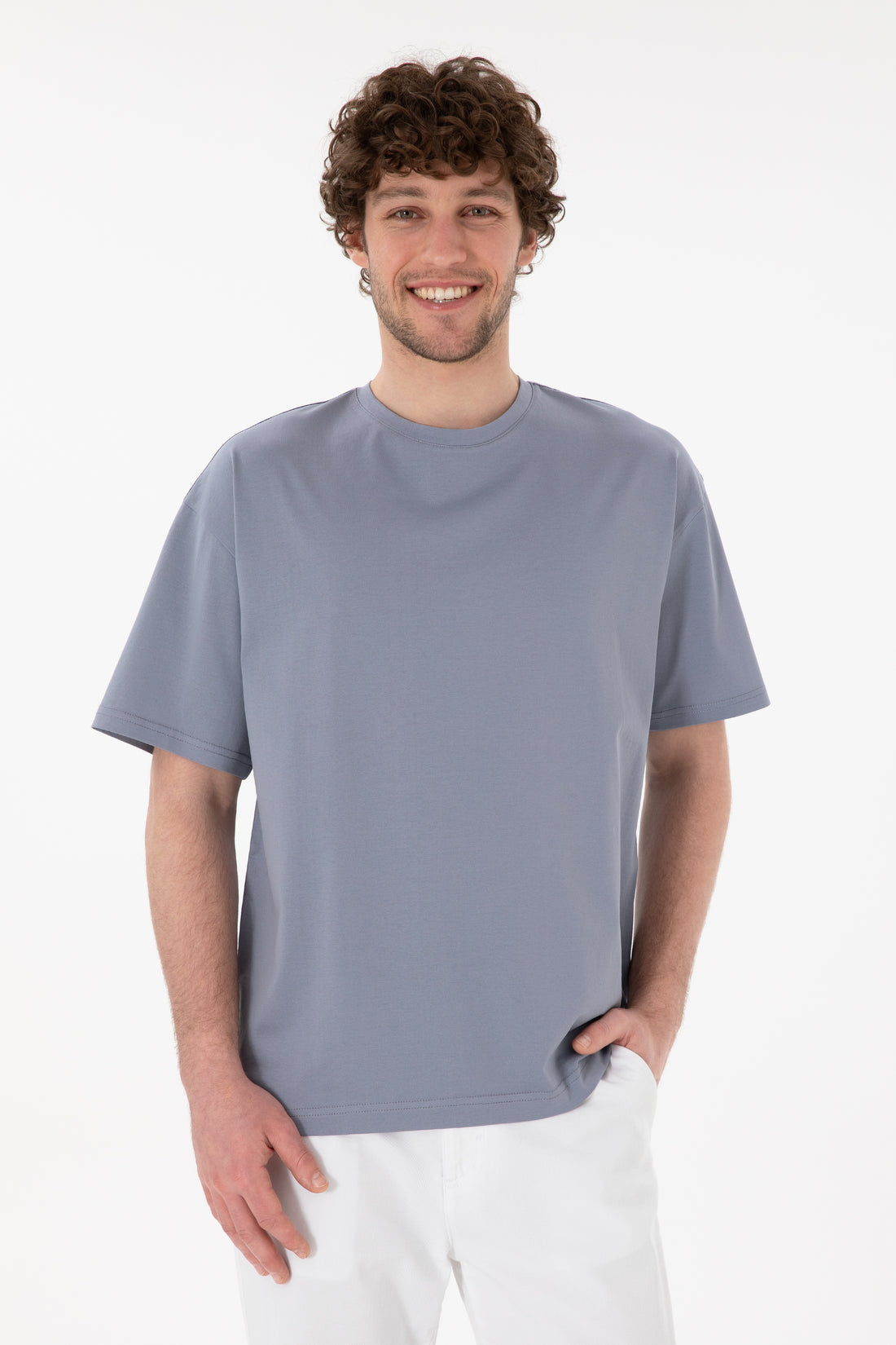 Men's Comfort Fit Crew Neck Blue Mercerized Basic T-Shirt