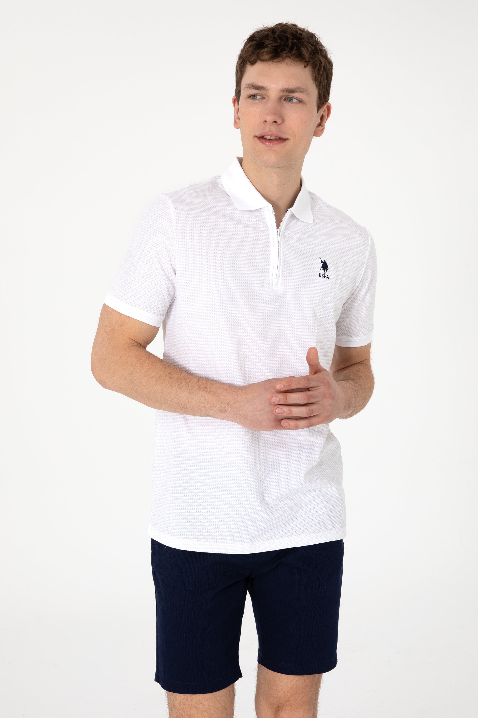 Men's Regular Fit Zipper White Textured T-Shirt