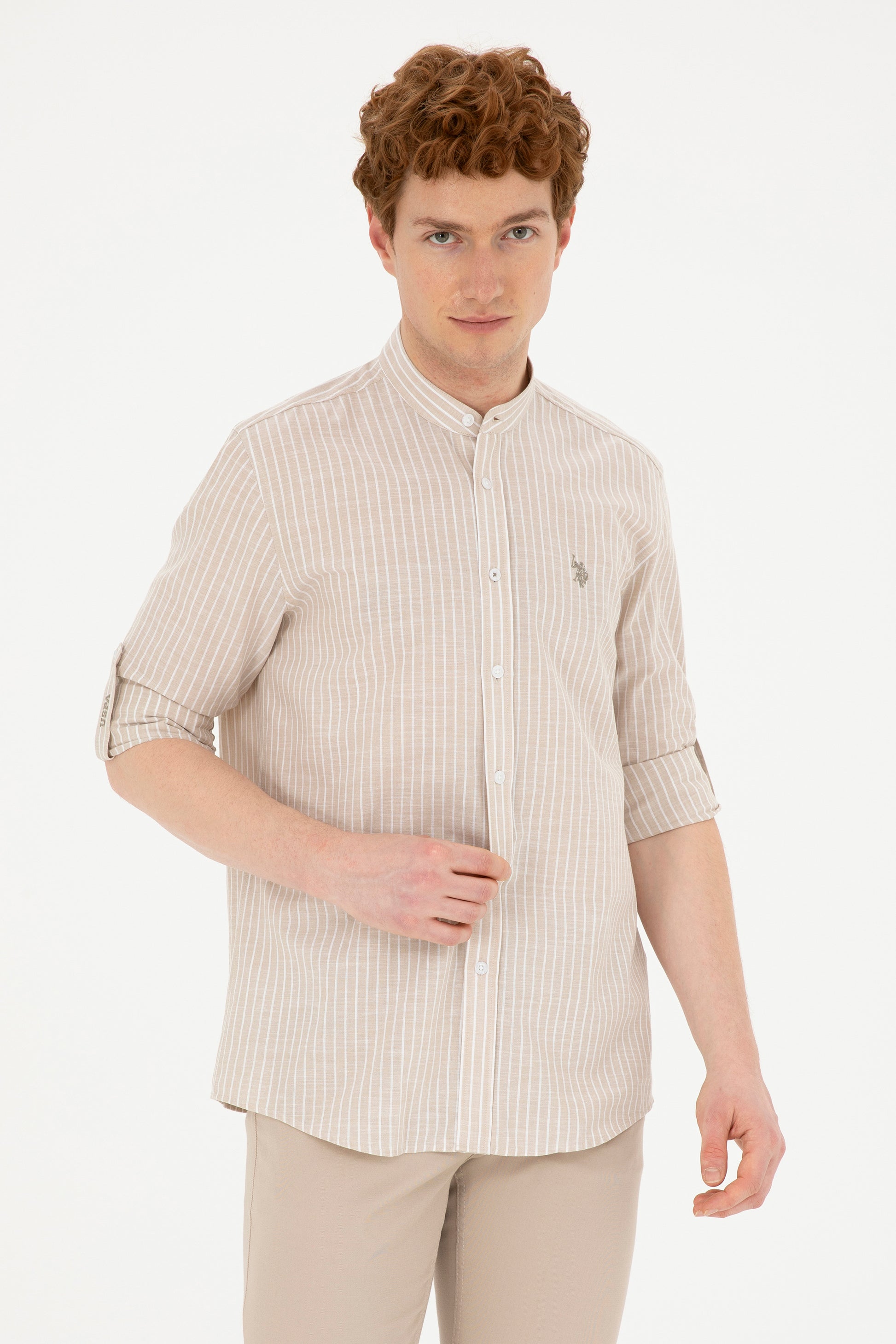 Mens Judge Collar Striped Khaki Shirt