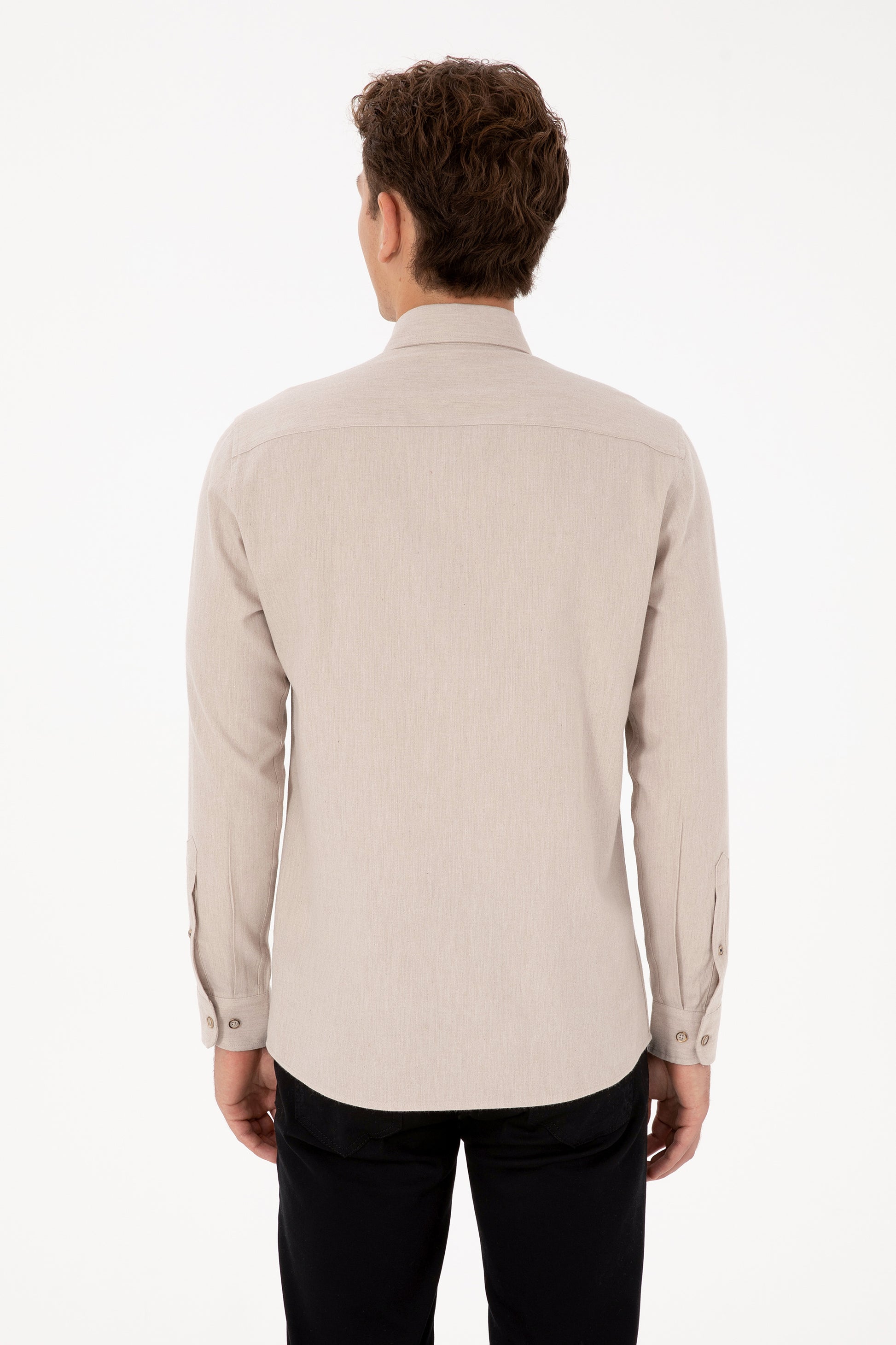 Men's Beige Long Sleeve Basic Shirt