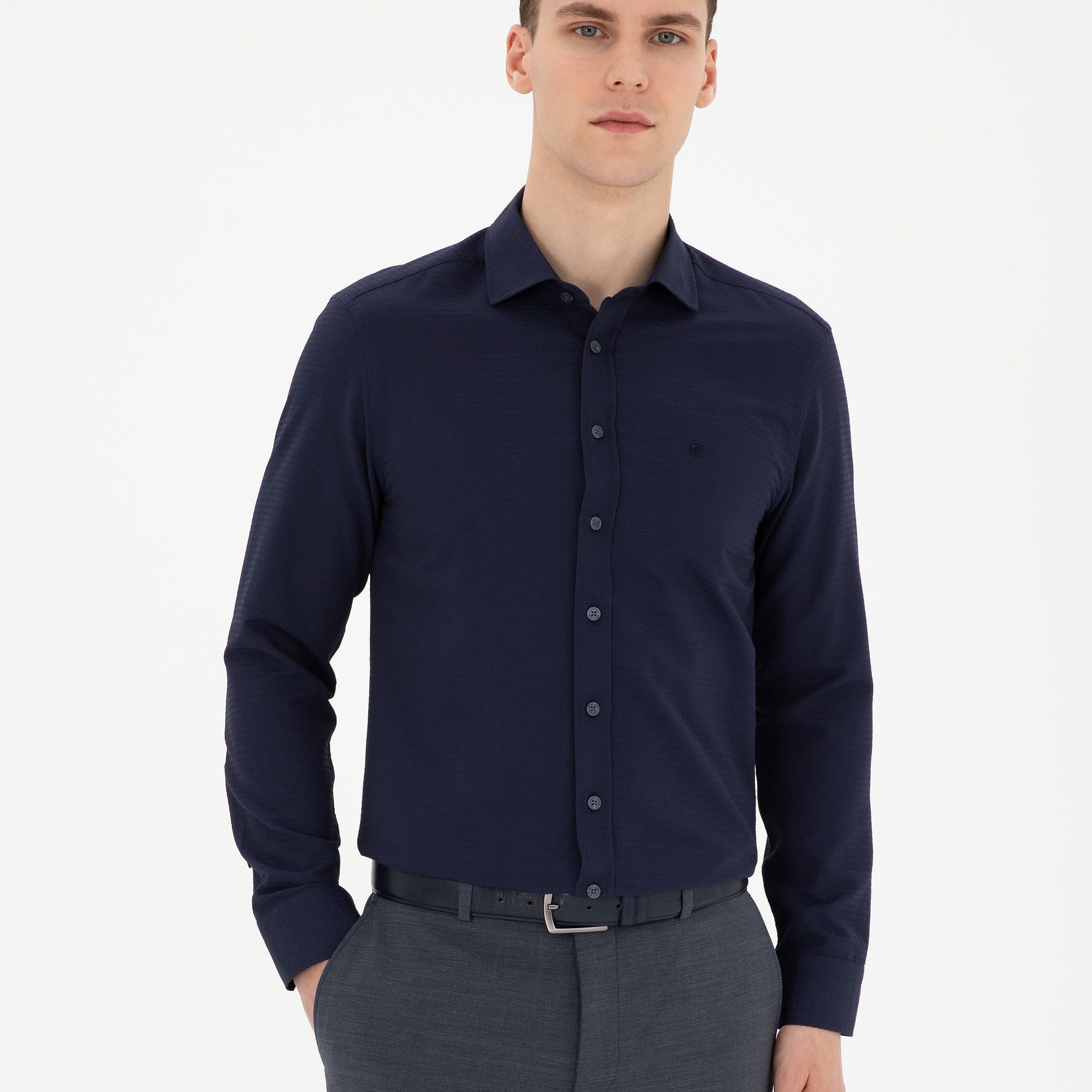 Navy Blue Slim Fit Chunky Long Sleeve Shirt
