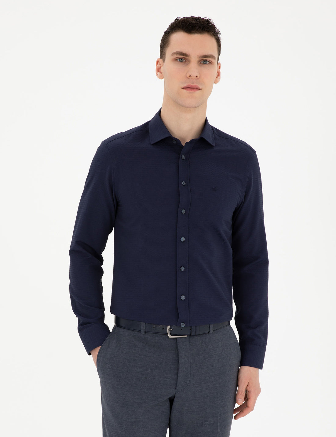 Navy Blue Slim Fit Chunky Long Sleeve Shirt