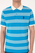 Men's Regular Fit Polo Neck Turquoise Striped T-Shirt